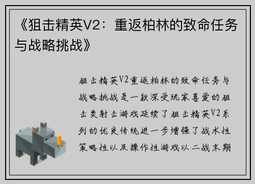 《狙击精英V2：重返柏林的致命任务与战略挑战》